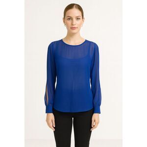 SHEIN Elegant Solid Blue Sheer Round Neck Women's Split Open Sleeve Blouse M